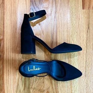 Lulu’s Black Suede Ankle Strap Heels, New W/O Tags